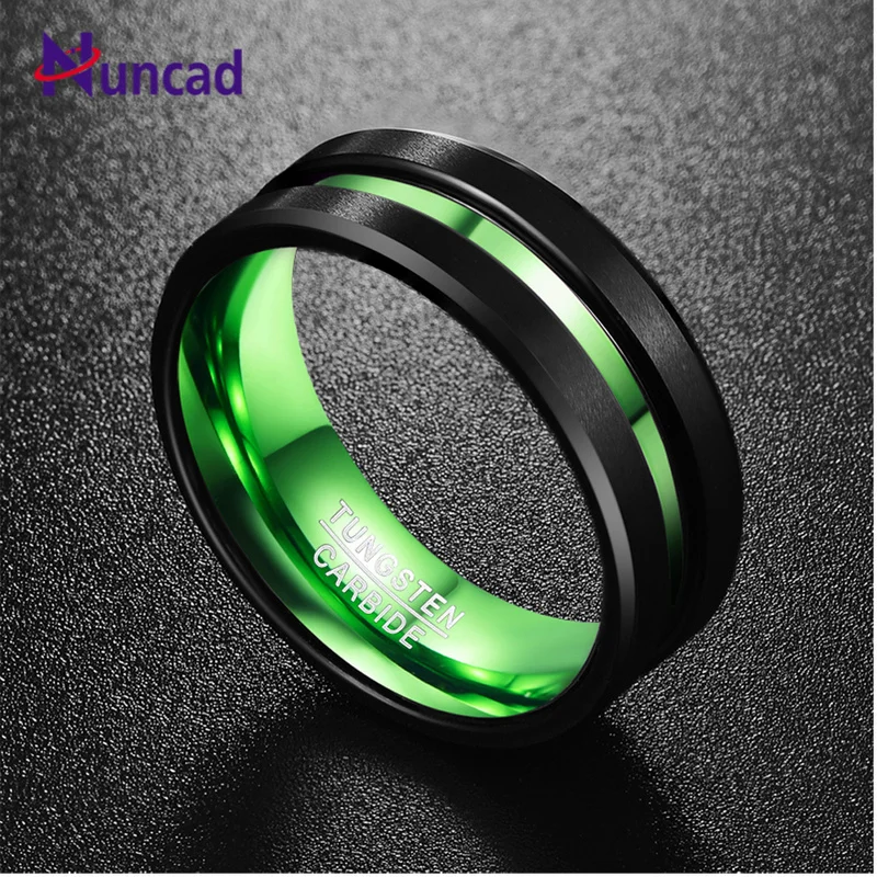 

Tungsten steel ring flat single groove inner green 8mm width 100% genuine wedding band tungsten carbide