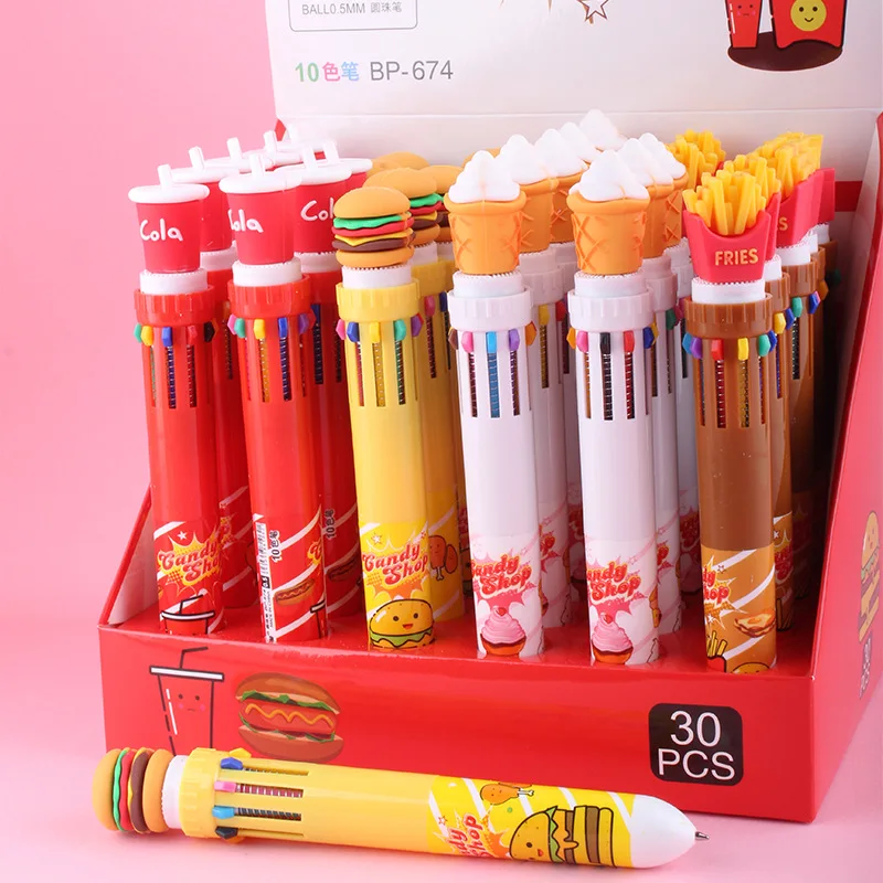 

30 pcs/lot Creative Cola Hamburger 10 Colors Ballpoint Pen Cute press ball pens School Office writing Supplies Stationery Gift