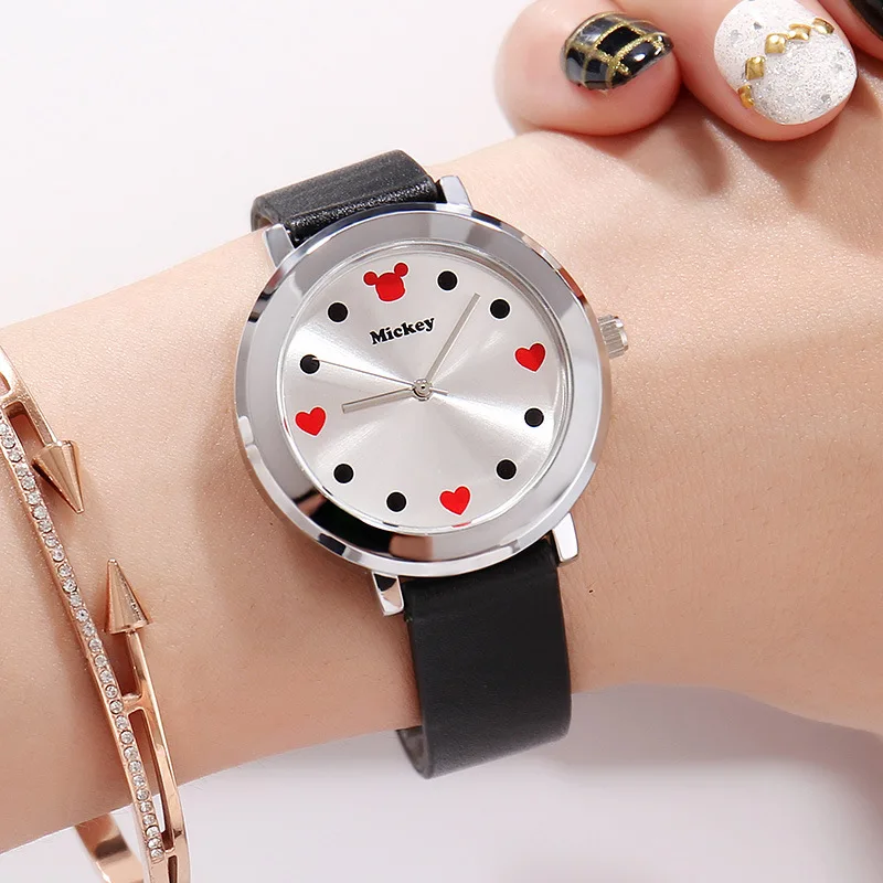 Disney-Reloj de pulsera de cuarzo resistente al agua para mujer, accesorio de pulsera de Mickey mouse con correa auténtica simple, esfera ultrafina, hebilla de aleación de cuero