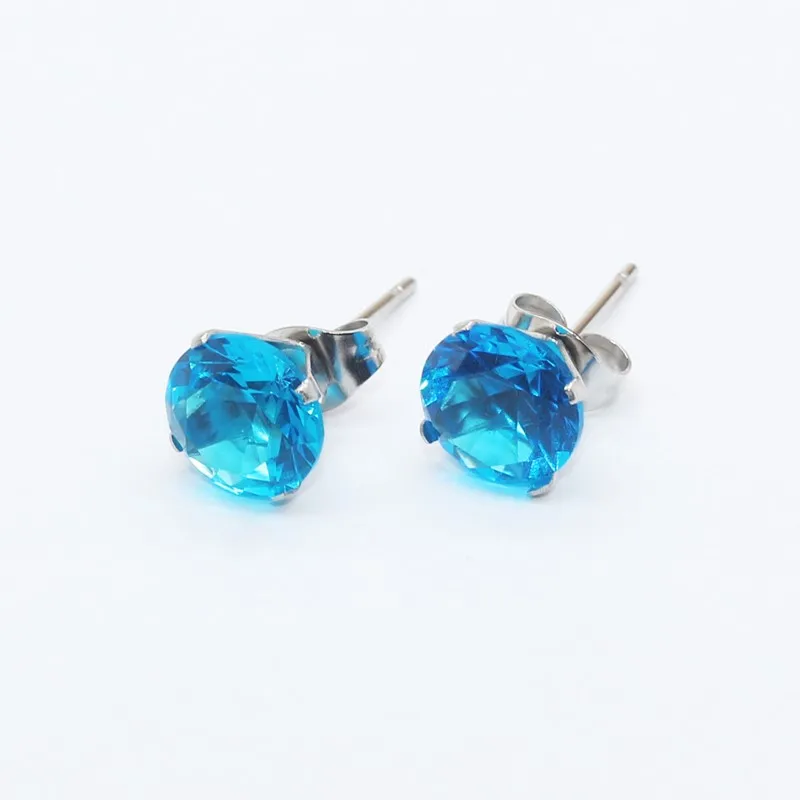 Stainless Steel Stud Earrings With 3mm To 8mm Ocean Blue Zircons No Fade Allergy Free Classic Style