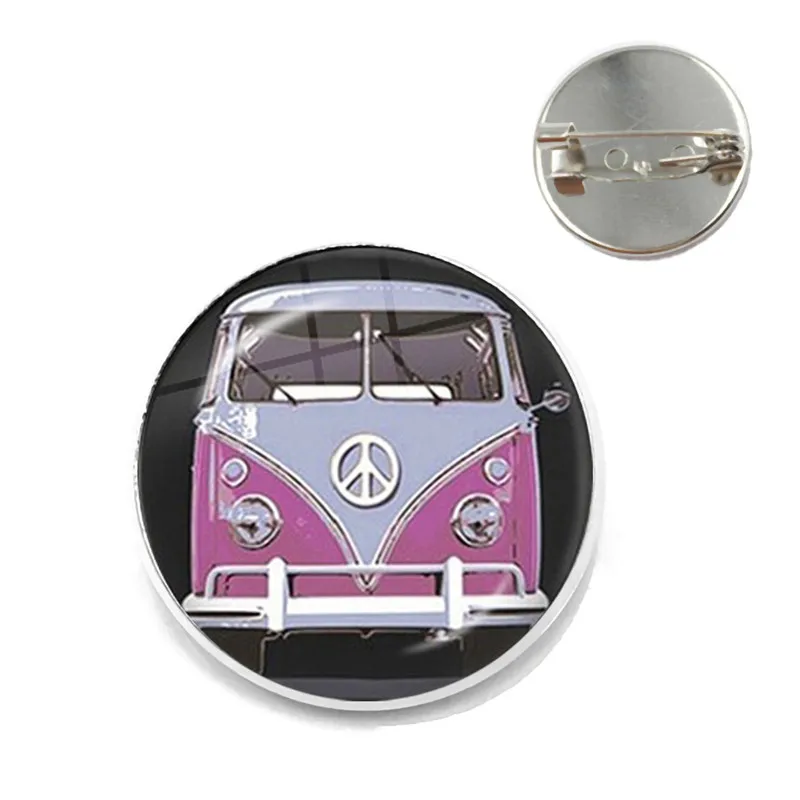 New Design Peace Sign Van Bus Brooch Pin Fashion Silver Color Glass Cabochon Hippie Car Badge Brooches Collar Pins For Women