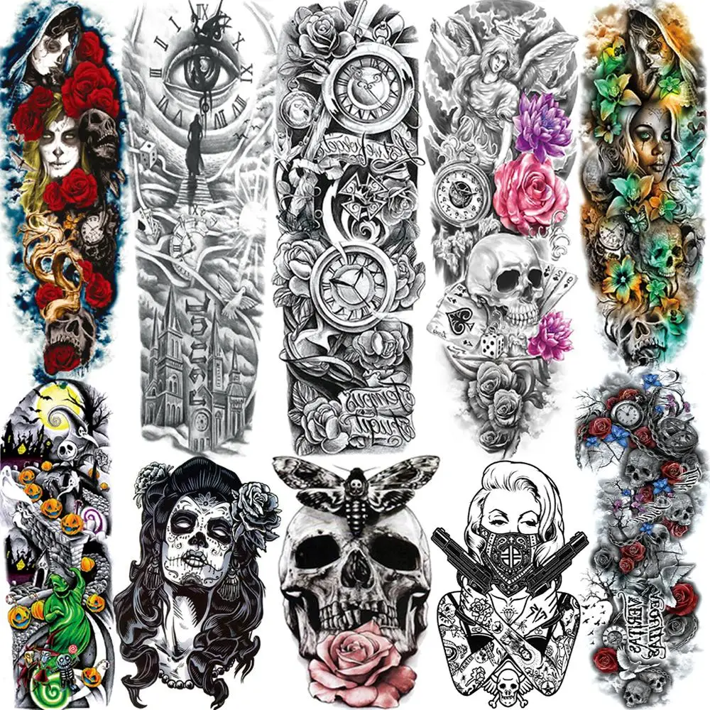 Sexy Skull Temporary Sleeve Tattoos For Women Girls Body Art Tatoos Full Arm Sleeve Tattoo Temporary Fake Washable Flower Decor