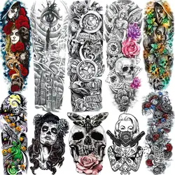 Sexy Skull Temporary Sleeve Tattoos For Women Girls Body Art Tatoos Full Arm Sleeve Tattoo Temporary Fake Washable Flower Decor
