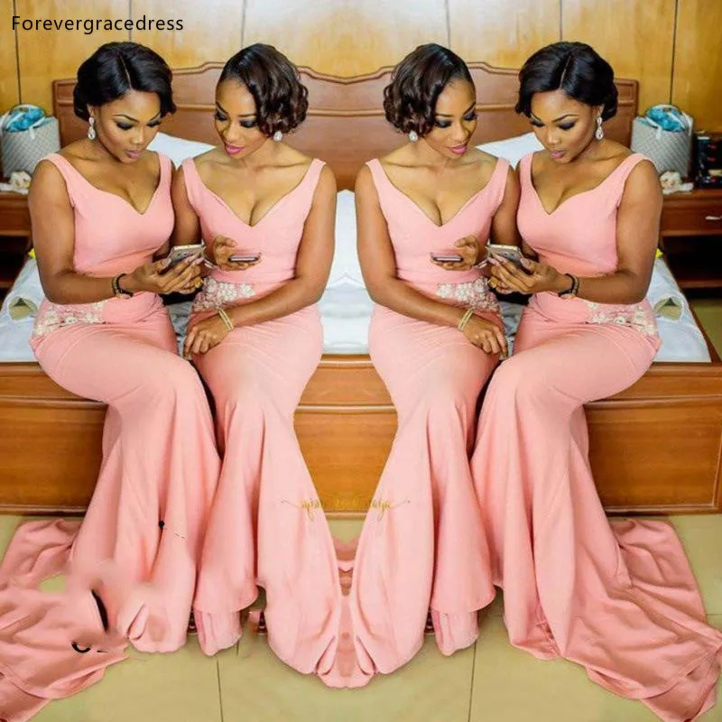 

African Light Pink Bridesmaid Dresses Mermaid V Neck Girls Wedding Guest Maid of Honor Gowns Tailor Made Plus Size Available