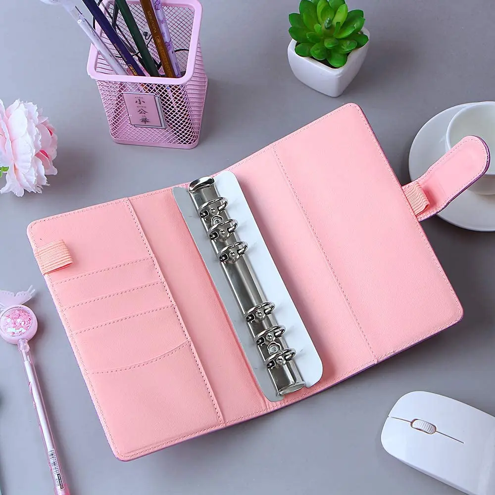 A6 PU Leather Notebook Binder Cover ,Laser Rainbow 6 Ring Binder Budget Cash Envelopes,Planner Travel Journal for School Office