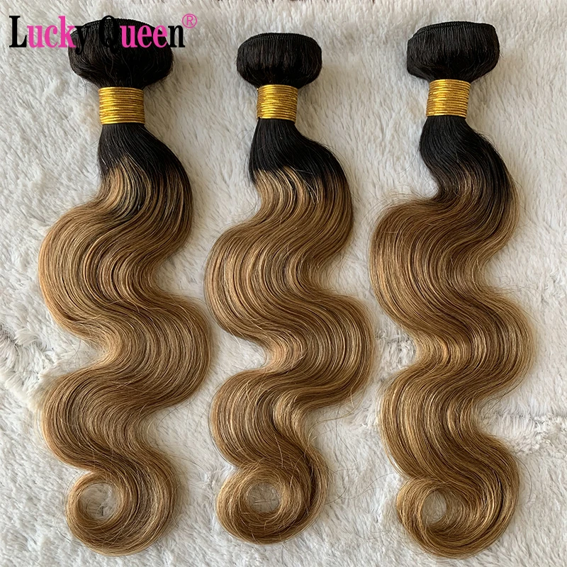 Lucky Queen Brazilian Body Wave Bundles 1B/30 Burgundy Honey Blonde Ombre Colored 100% 10A Remy Human Hair Extensions For Women