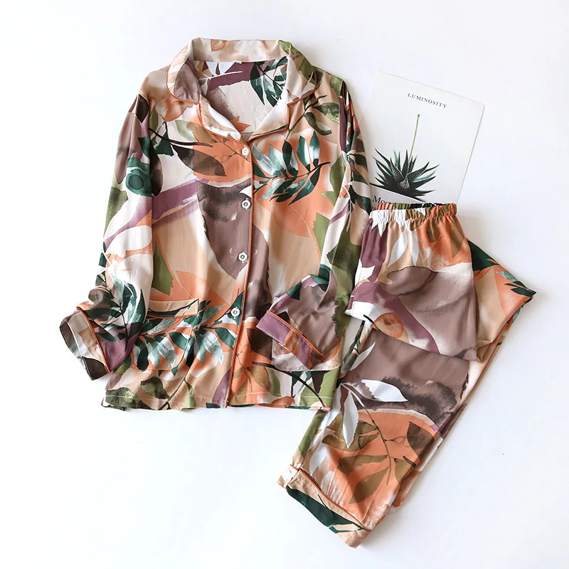 Spring And Summer New Ladies Pajamas Set Simple Style Floral Printed Loose Sleepwear Women Full Cotton Cardigan+Pants Homewear