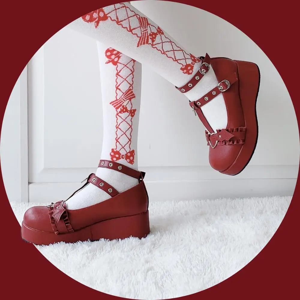 Zapatos de plataforma Lolita para Cosplay, calzado de Pu con lazo, demonio, gótico oscuro, Punk, estilo murciélago pequeño, Loli