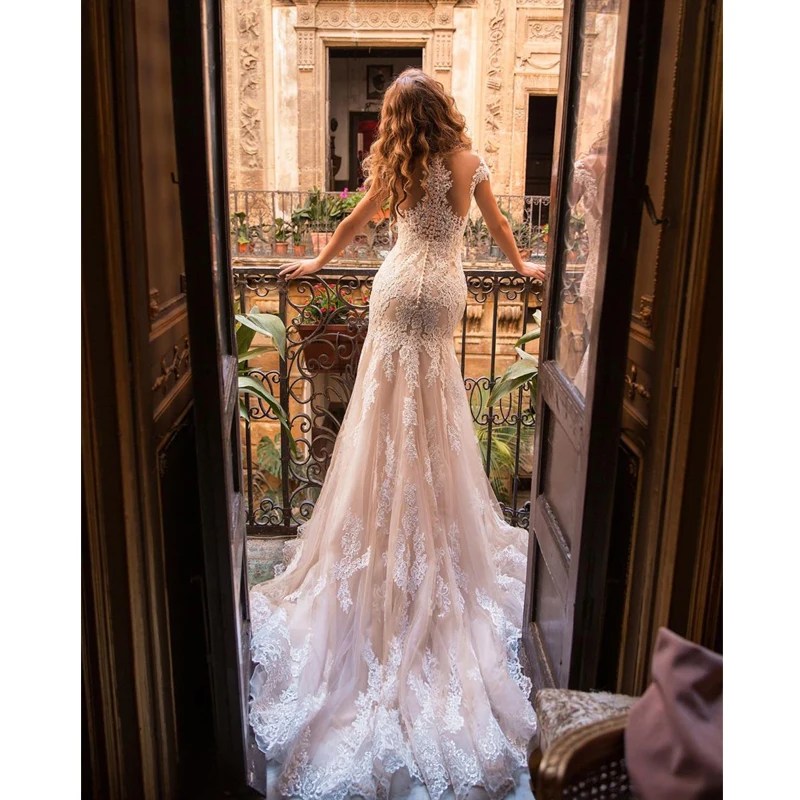 Vestido de casamento sereia personalizado, comprimento até o chão, mangas, apliques de renda, botões de tule, feito sob encomenda, estilo clássico, vestidos de noiva