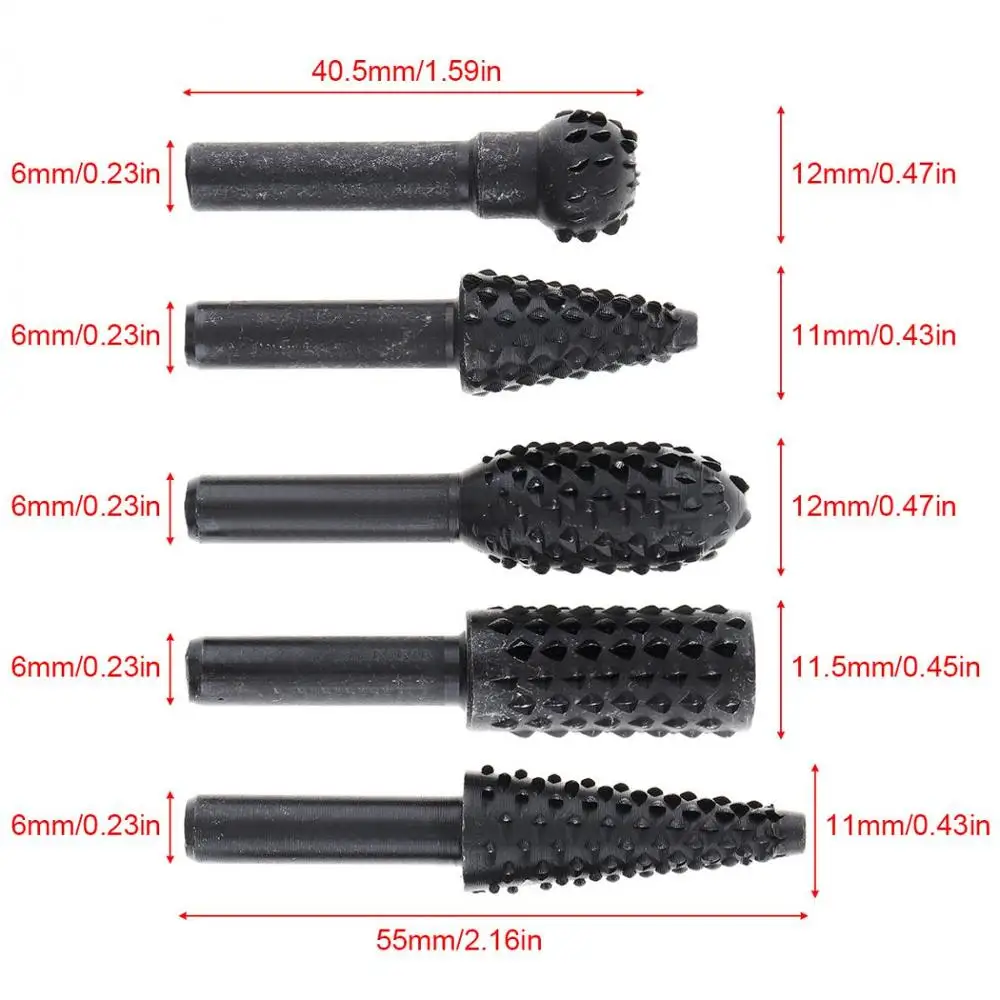 고탄소강 블랙 로터리 버 커터 조각 연삭 비트, 로터리 파일 커터 도구, 목공 DIY, 5 개