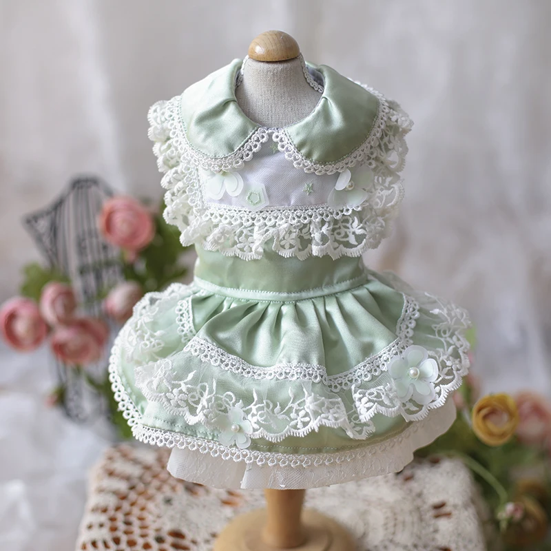 

Free Shipping Handmade Dog Clothes Princess Dress Pet Outwear Fresh Light Green Doll Collar Lace Satin Maltese Yorkie Poodle