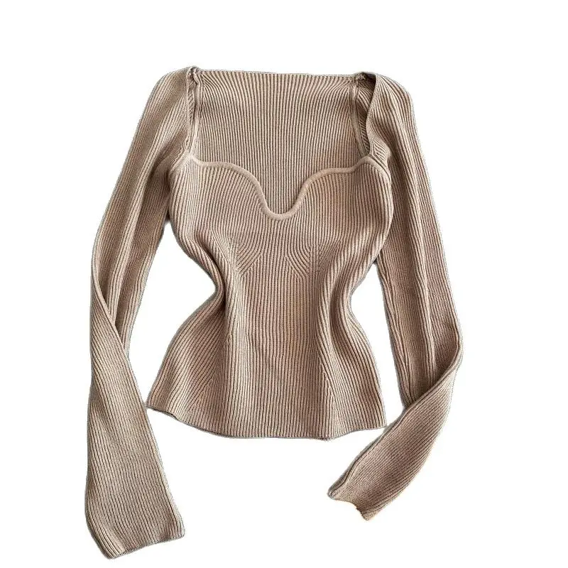 Women Base Sweater Fashion Solid Color Square Collar Inside Wear Knitting Tops Korean Version Temperament Slim Long Sleeve Tops