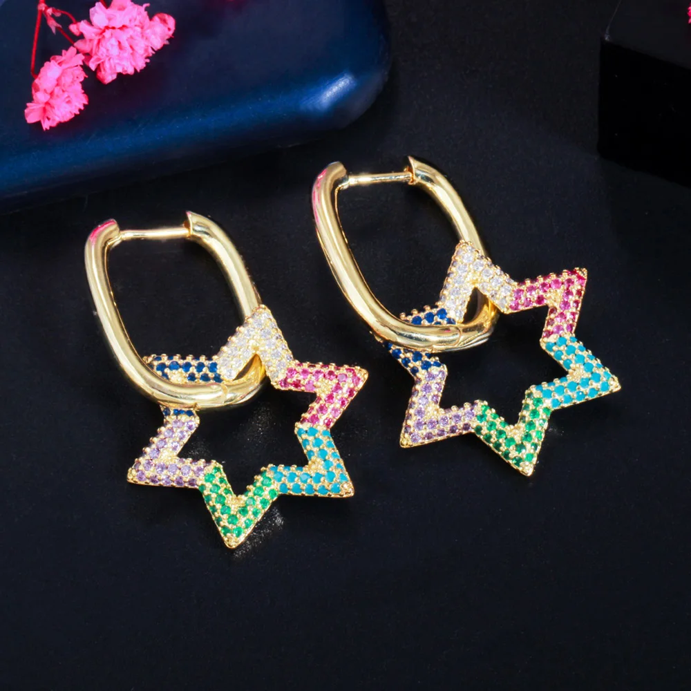 بيرا رومانسية كبيرة قوس قزح زركون محظوظ ستار قطرة الذهب اللون مجوهرات استرخى أقراط للنساء حفلة خطوبة E685 #4