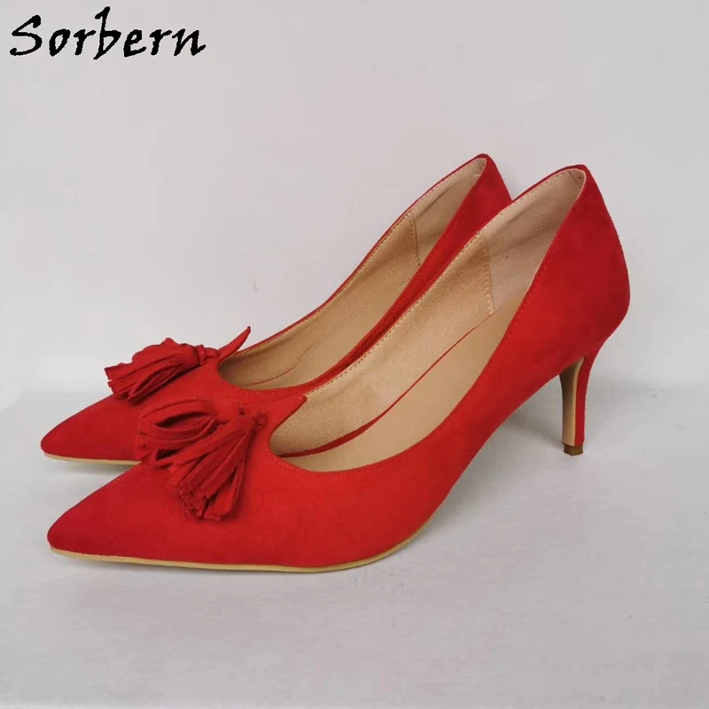 

Sorbern Red Low Heel Women Pump Stilettos Slip On Tassel Mature Style Shoes Ladies Stilettos Women Spring Shoes 2020