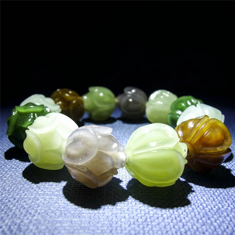 Natural Hetian Jade Multi-treasure Lotus  Old Pit Fine String Bracelet