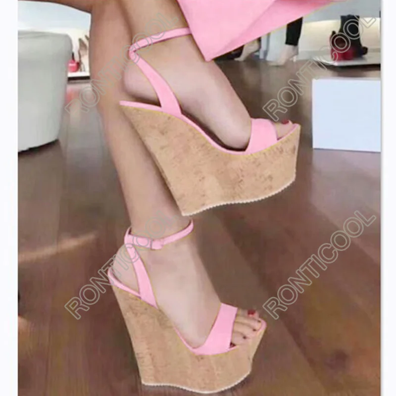 Ronticool New Fashion Women Handmade Sandals Ankle Strap Wedges High Heel Open Toe Charm 6 Colors Party Shoes Size 35 45 46 47