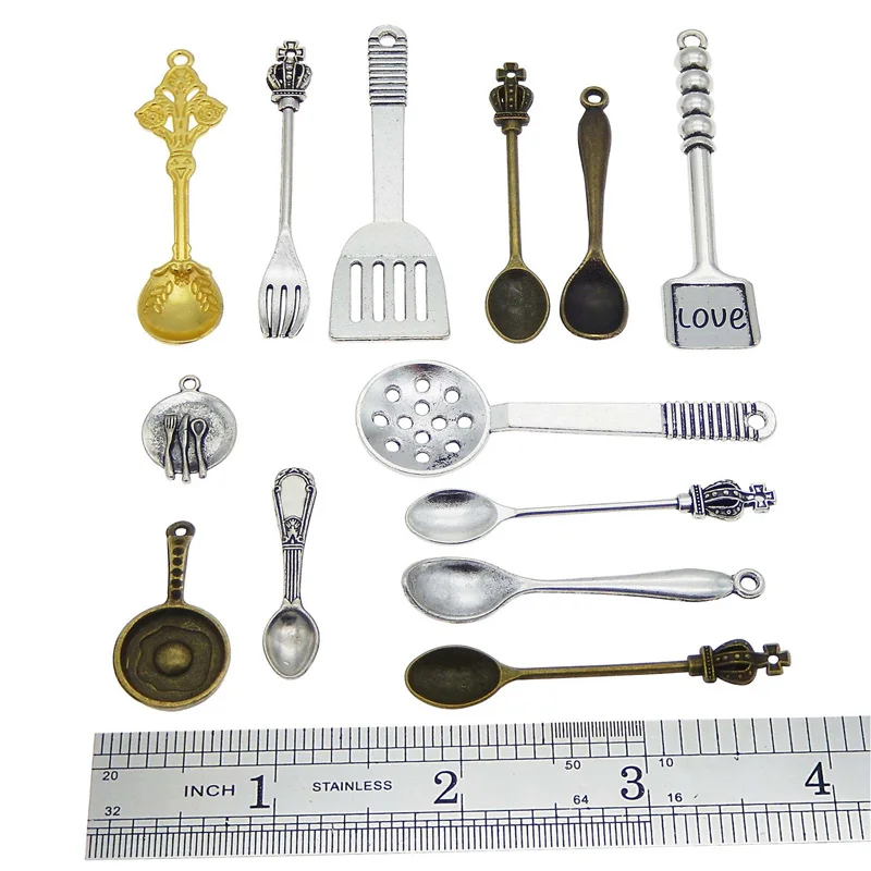 Julie Wang 24pcs Antiqued Cooking Tools Charms Spoon Shovel Fork Mixed Alloy Tableware Pendants Jewelry Making Accessory