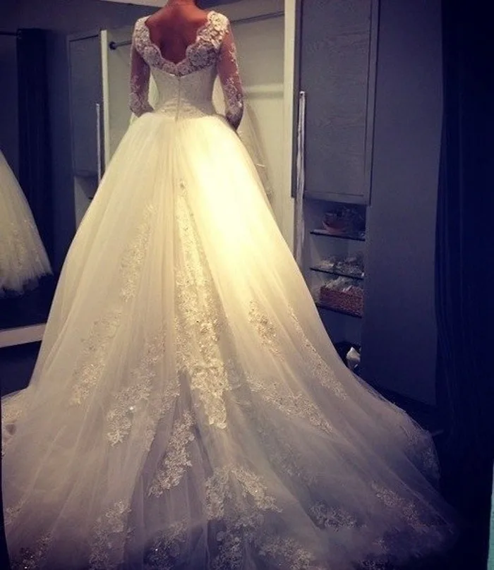 Gaun Pengantin Applique Renda Lengan Panjang Leher Tinggi Vestido De Noiva Gaun Pengantin Gaun Bola Gaun Pengantin 2019 Robe De Mariage Casamento