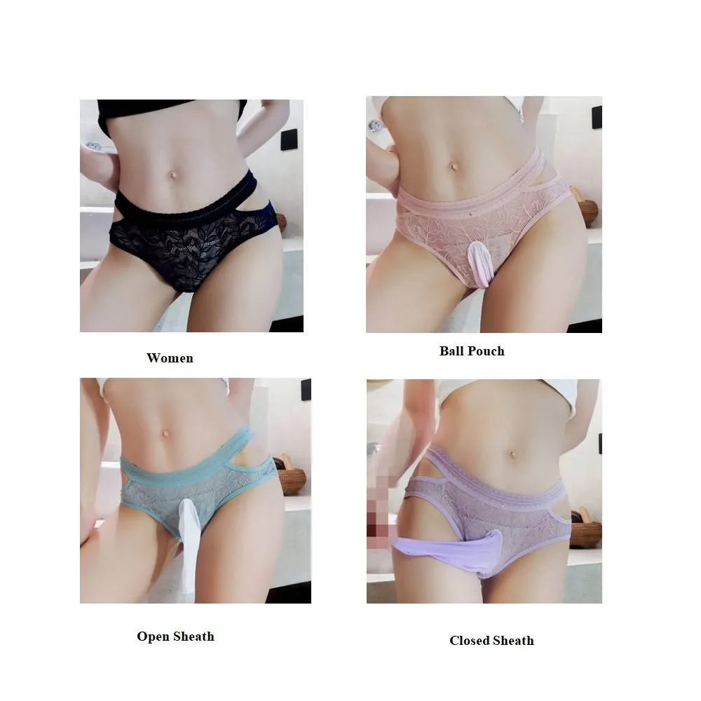 2021 Women Men\'s Sexy Sissy Pouch Jackstrap Lace Sheer Hollow Thongs Brief Underwear Underpants Penis Sheath Seamless Lingerie