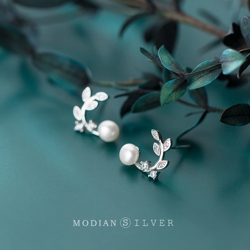 Modian Olive Tree Leaves Stud Earring for Women Fashion 925 Sterling Silver Elegant Pearl Ear Pin Fine Jewelry Accessories