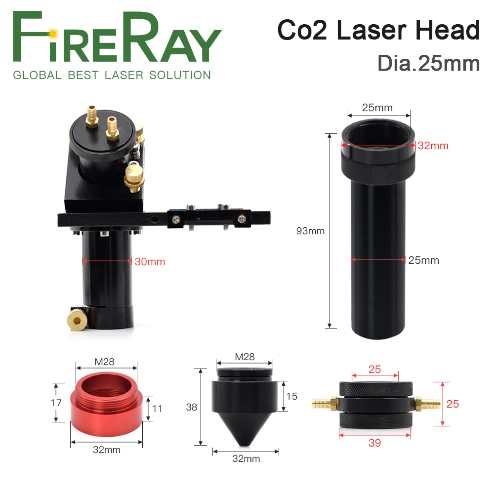 FireRay CO2 Laser Head Set with Water Cooling Interface Mirror 30x3mm Focus Lens 25x63.5mm for Water Cooling Laser Machine