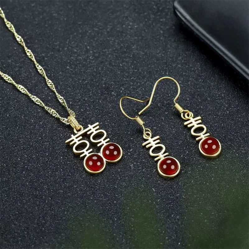 Hot Selling Natural Hand-carved Inlaid Ancient Method  Jade Necklace Earrings Suit Fashion Jewelry Accessories Women Gifts