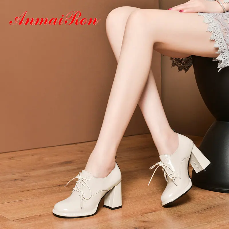 

ANMAIRON 2020 Woman Shoes Basic Dress Lace-Up Patent Leather Round Toe Square Heel High Heels Classics Women Pumps 34-43