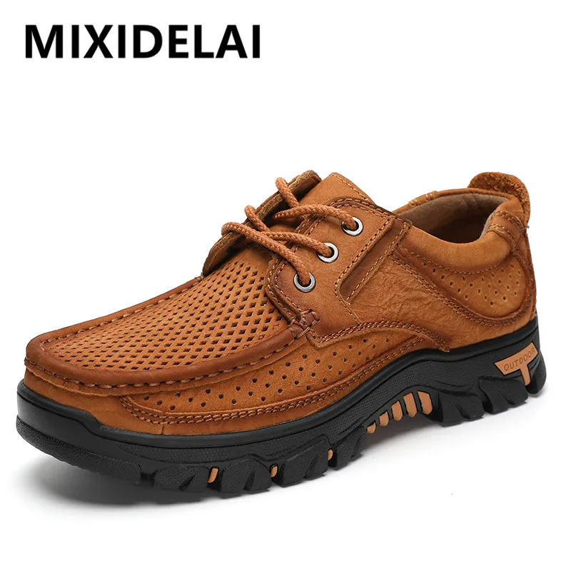 Zapatos planos de piel auténtica para hombre, mocasines transpirables de alta calidad para exteriores, zapatillas informales, talla grande 48, 2024