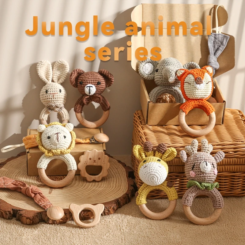 3Pcs/Set Baby Crochet Animal Set Cute Bunny Elephant Rattle Bracelet Beech Wooden Teether Infant Pacifier Clip Chain Baby Toys