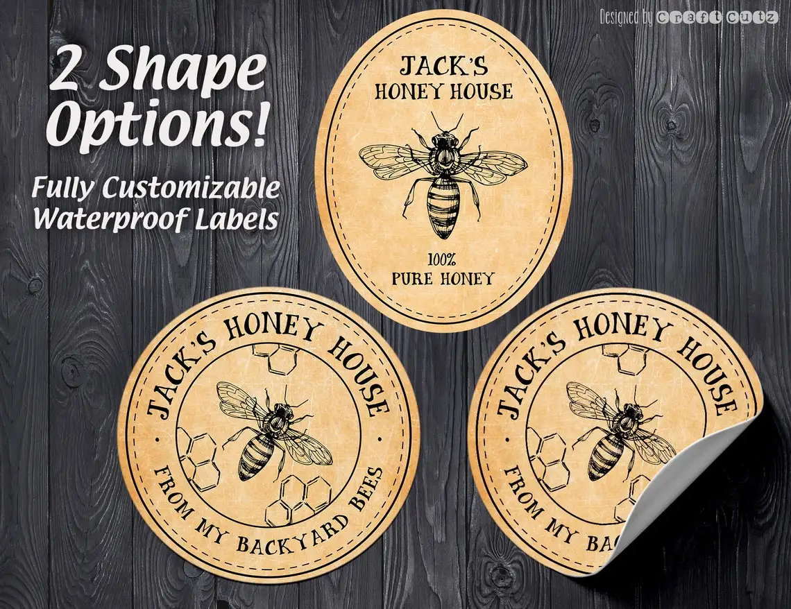 CUSTOM Honey Labels, Customized Round Honey Stickers, Custom Oval Honey Labels, Waterproof Labels, Honey Jar Labels, 100% Pure H