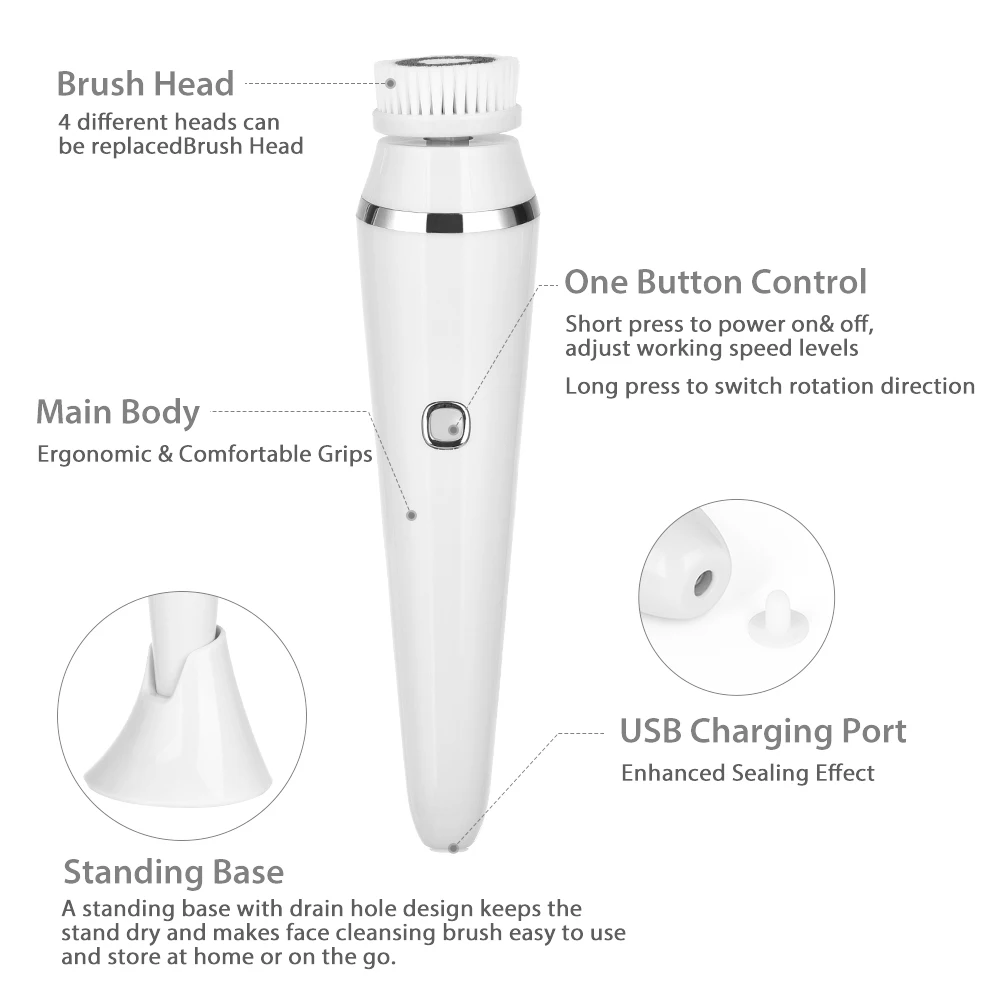 Facial Cleansing Brushes Electric Rotating 4 in 1 Inface Brush Deep Cleaning Blackhead Skin Pore Washer Waterproof Face Massager