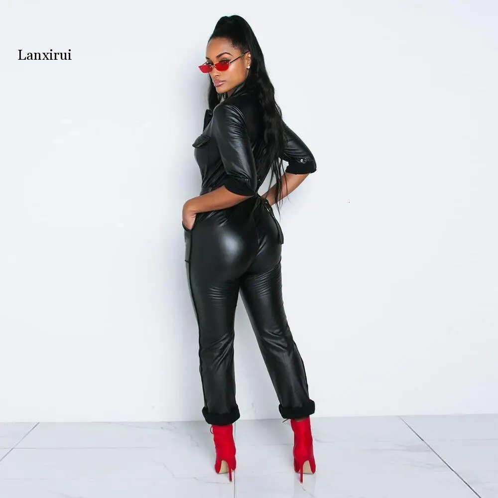 Women Faux Leather Jumpsuit Long Sleeve Pu Deep V Jumpsuit Bodycon Zipper Party Jumpsuit With Belt