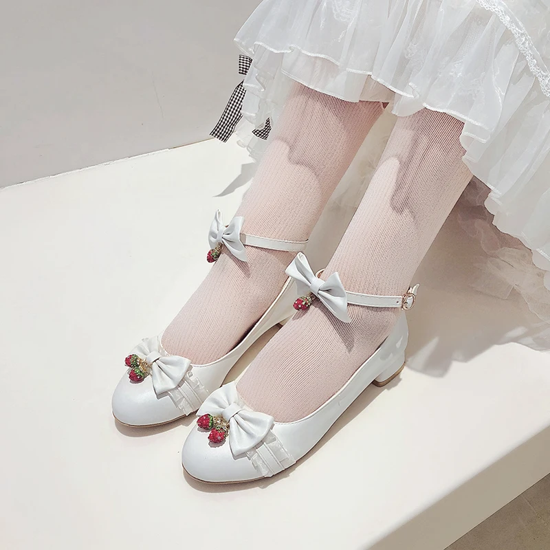 Fashion Cosplay Party Princess Lolita Women Shoes Low Heel Mary Jane Butterfly-Knot Block Pumps Shining Strawberry Pendant