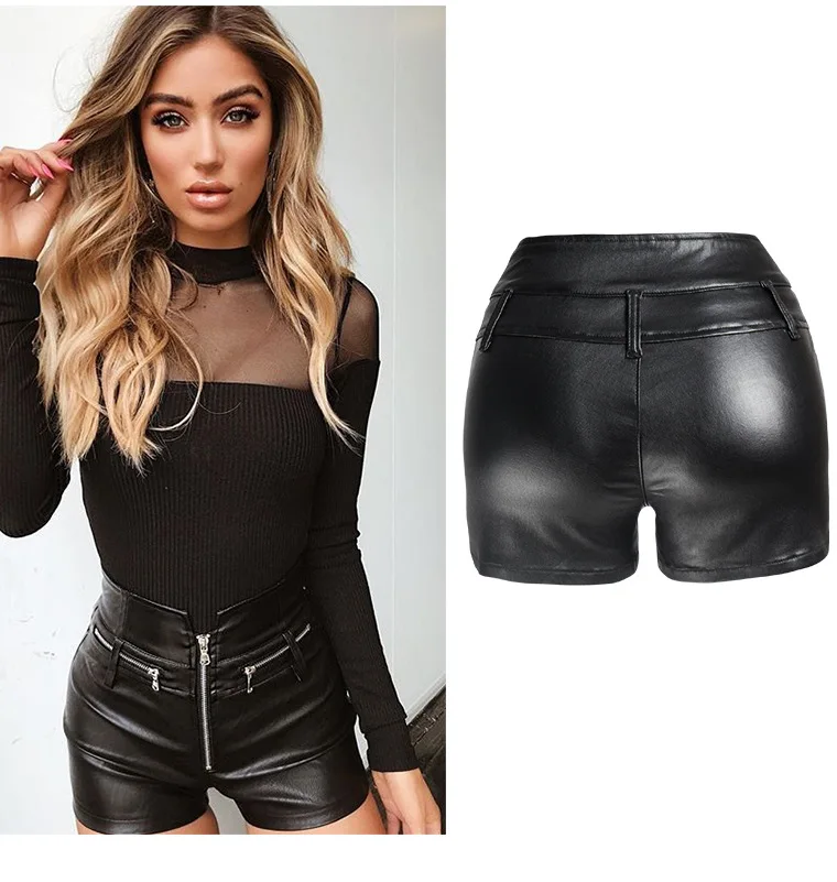 

2020 Europe and America high waist stretch slim hips motorcycle PU shorts