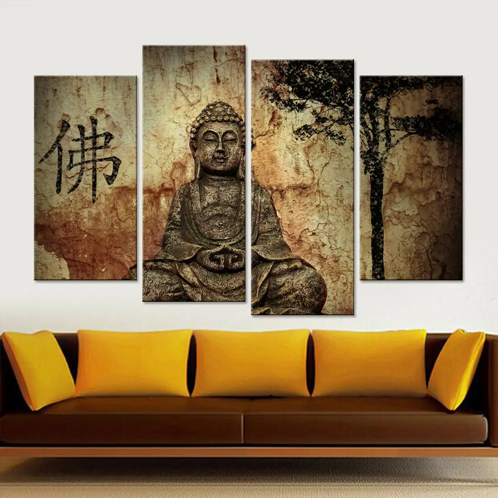 4 Panels Ancient Meditating Buddha Statue Wall Art Painting Picture Print On Canvas Pictures for Home Decor Decoration