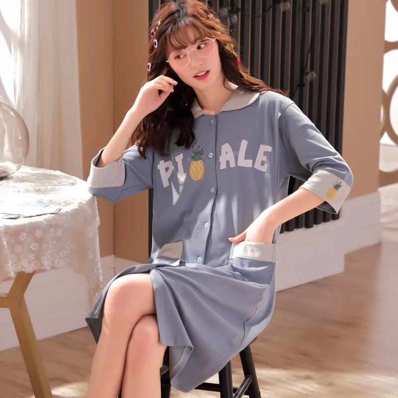 Plus Size Pajamas Pregnancy Dress Women Clothing Maternity Clothes Sleepwear Single-breasted Turn-down Collar Maternity Dress