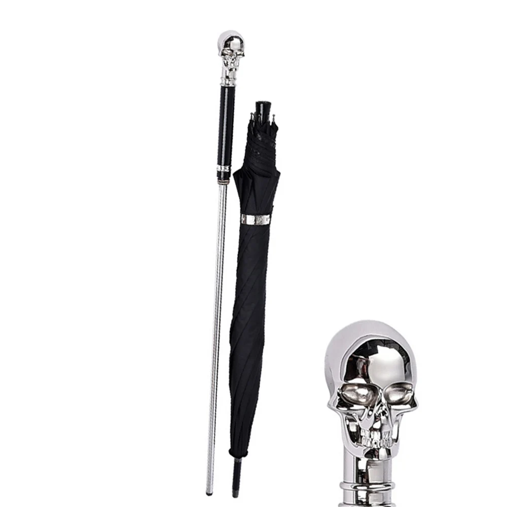 Personality Skull Walking Cane Stick Self Defense 2-In-1 Sturdy Windproof UV Protection Umbrella  Hiking Hanging Out On Raining