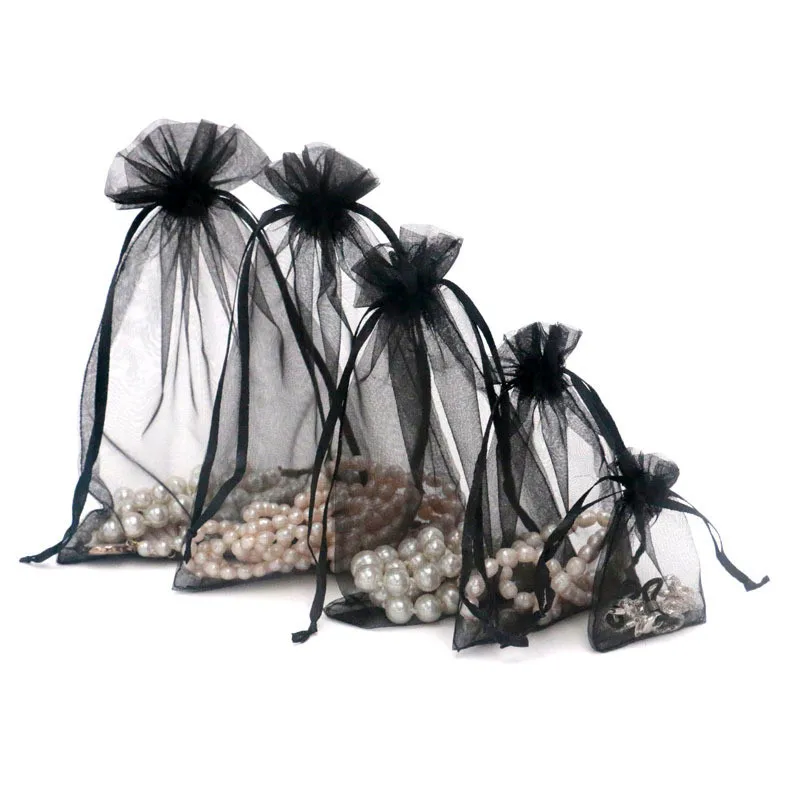 Bolsas de Organza negras para embalaje de joyería, decoración de fiesta de boda, bolsas dibujables para regalos, 7x9, 9x12, 10x15, 13x18CM, 50