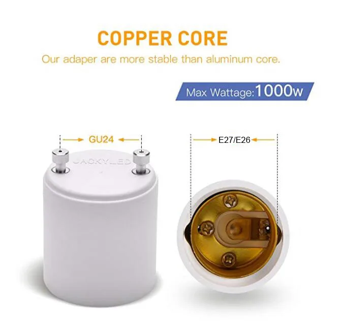 GU24 to E26 E27 Adapter Socket Maximum Wattage 1000W Heat Resistant 200degrees Fire Converts GU24 Pin Base Fixture to E26 E27