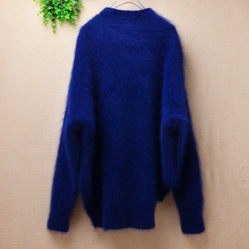 

ladies women fashion blue medium long mink cashmere slash neck loose lazy oaf pullover angora raabit fur knitted winter jumper