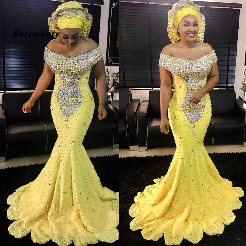 Gorgeous Yellow Mermaid African Evening Gowns Off The Shoulder Bead Crystal Prom Gowns Long Special Occasion Dress Vestido