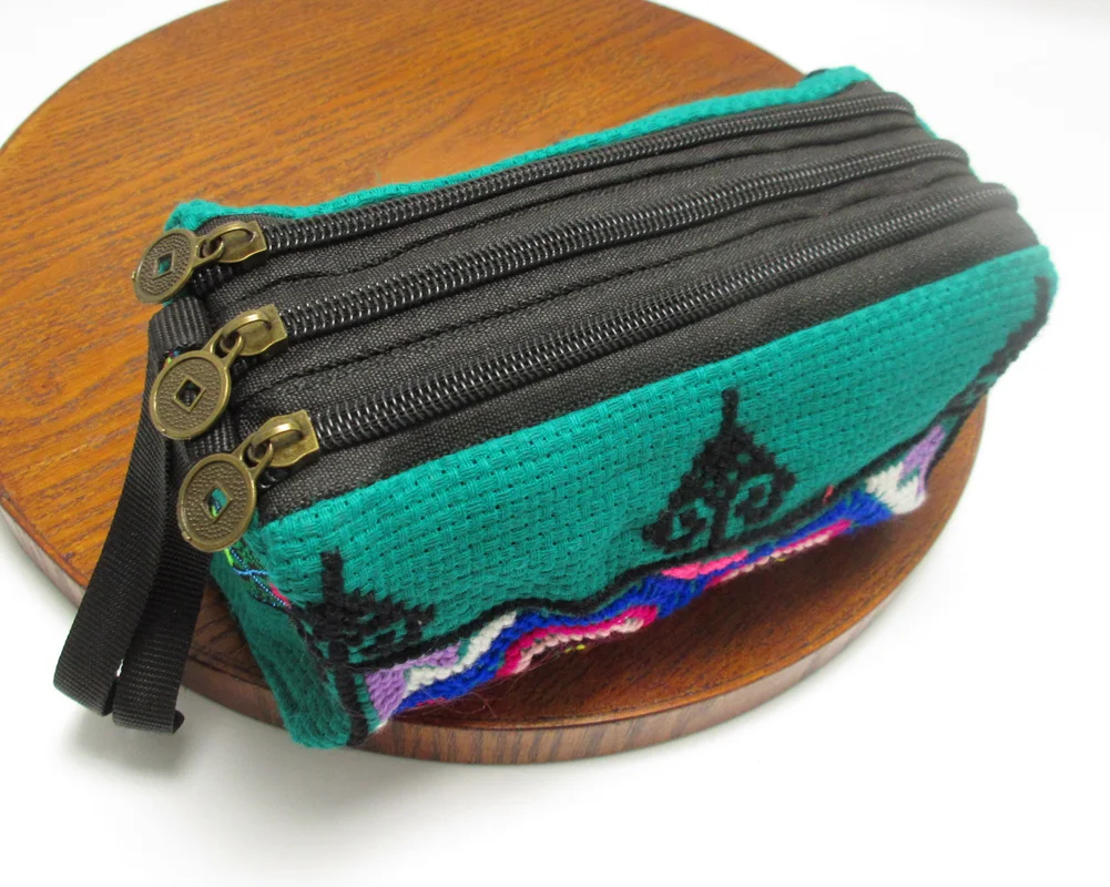 Green 3-Layer Wristlet Vintage Hmong Thai Indian Embroidered Fashionable Clutch Purse Boho Hippie Ethnic Cosmetic Bag SYS-438G