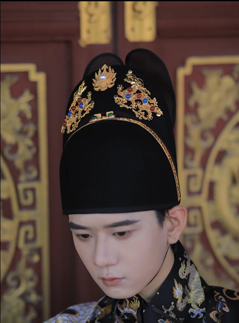 Hanfu Hat Double Dragon Wing Good Crown Imitation Dingling Brass Gold-plated Chalcedony Beads Accessories Hanfu Ming Wusha Hat