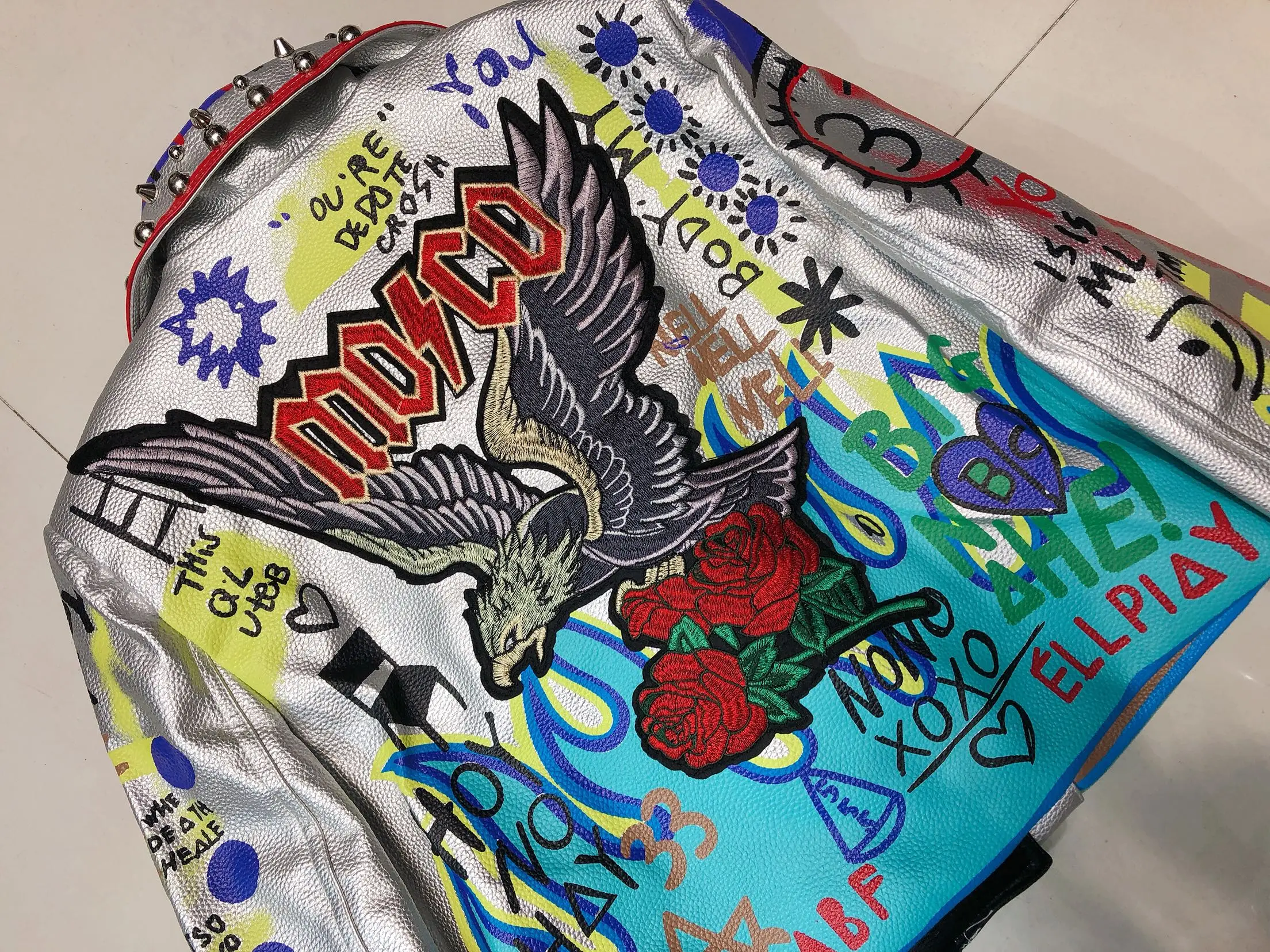 4XL fashion graffiti beading Women pu Leather Jacket Punk Style Motorcyle embrodiery leather Jackets Coats Streetwear F803