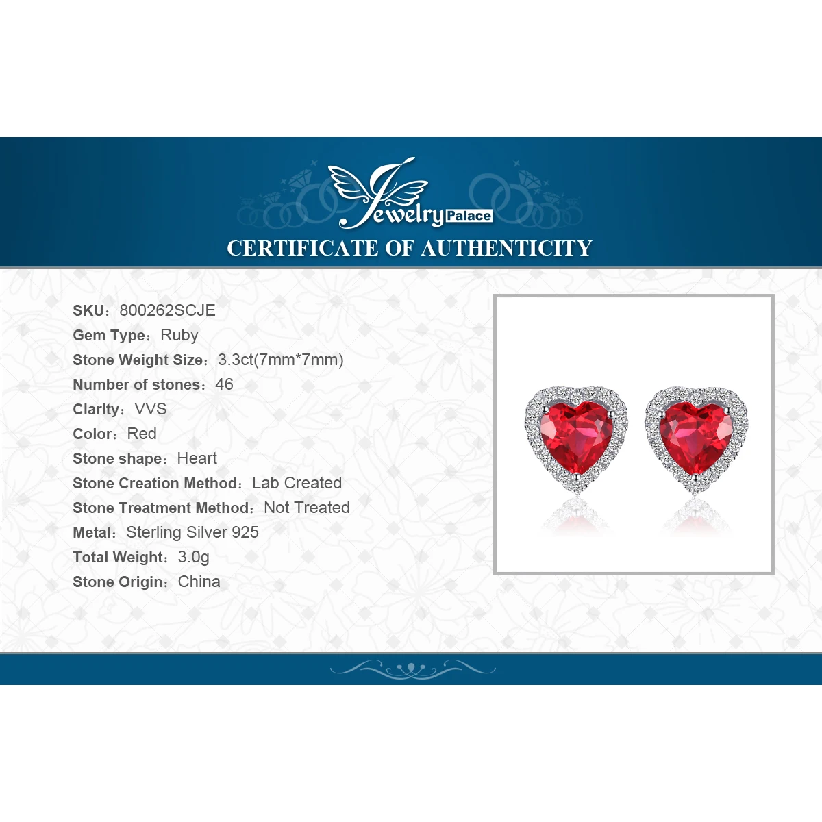 JewelryPalace Heart Created Ruby Stud Earrings 925 Sterling Silver Earrings For Women Gemstone Korean Earings Fashion Jewelry