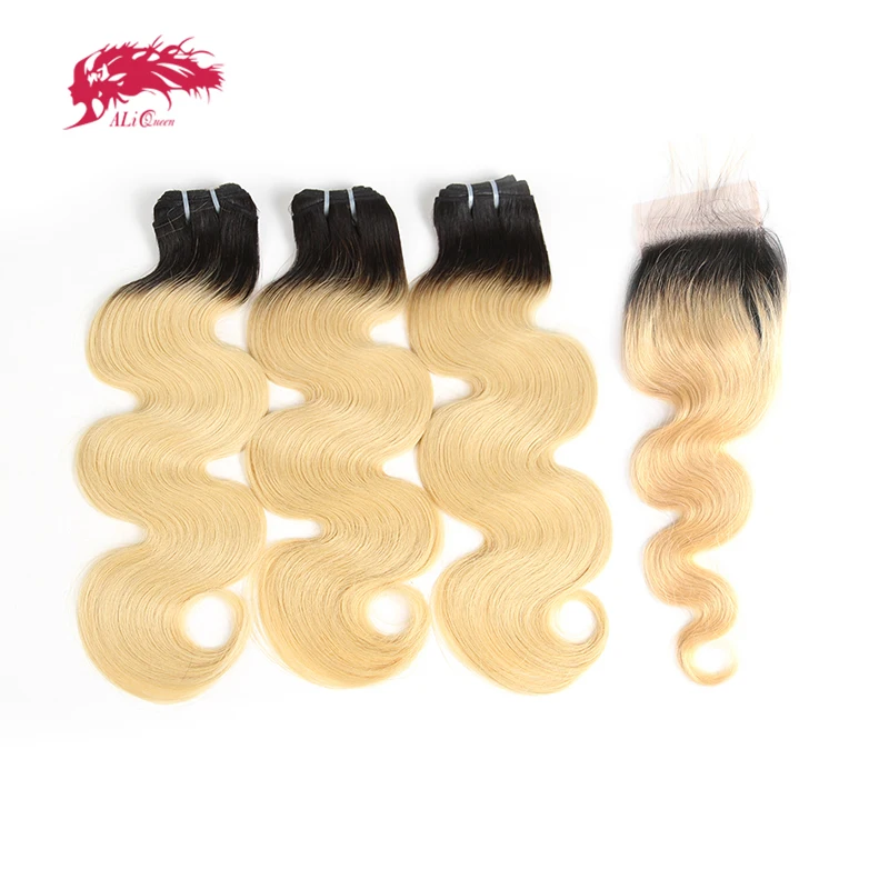 

Ali Queen Hair Brazilian Human Raw Virgin Hair Body Wave Hair Bundles With Closure 1B/613 With 4x4 Pre-Plucked Hairline Closure