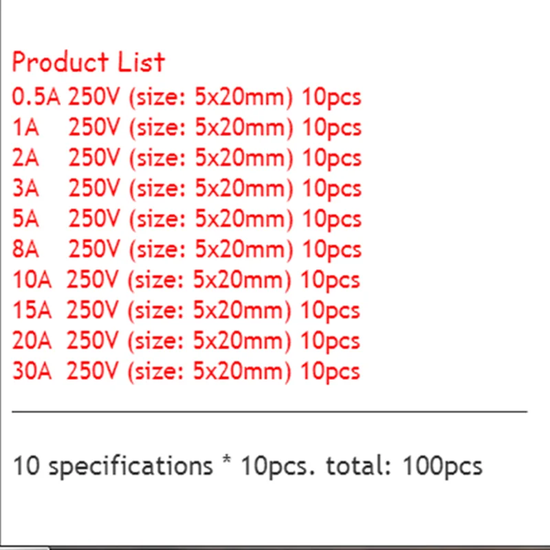 100 шт. 5x20 мм 250 в стеклянный трубчатый предохранитель смешанный набор 0,5a 1A 2A 3A 5A 8A 10A 15A 20A 30A / 10*10 шт. предохранитель Смешанная классификация упаковка