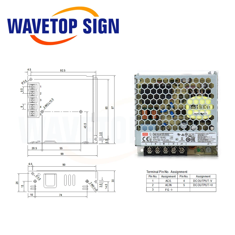 WaveTopSign Original MW MeanWell Switch Power Supply LRS-75W 12V 6A / 24V 3.2A Use For Laser Engraving Machine Controller