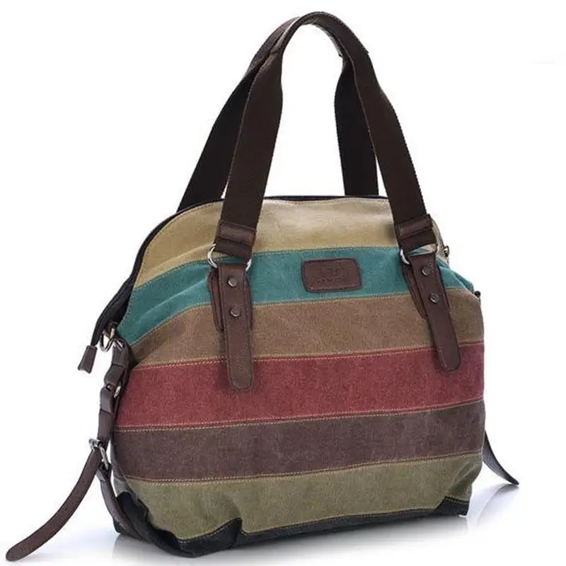 Canvas Totes Striped Womens Handbag 2024 Patchwork Rainbow Shoulder Bag Fashion Female Casual  Crossbody Bag