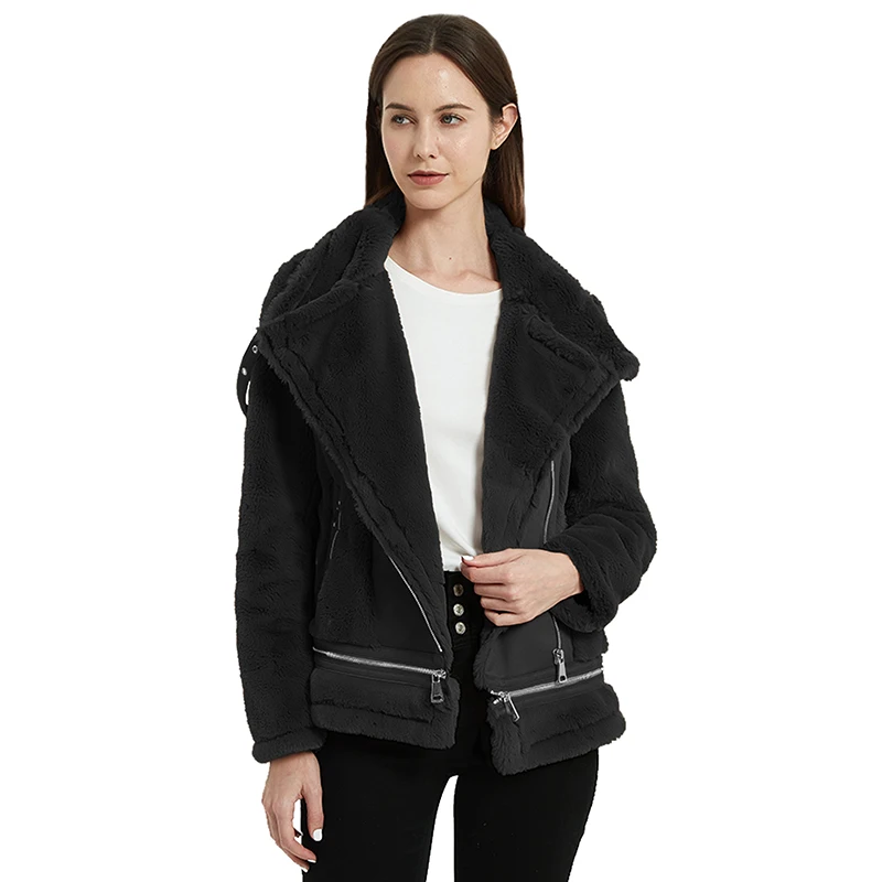 Giolshon Winter Women Faux Leather Jackets Thick Warm Faux Suede Coats Chic Fur Coat Motorcycle Biker Jacket Outwear Top